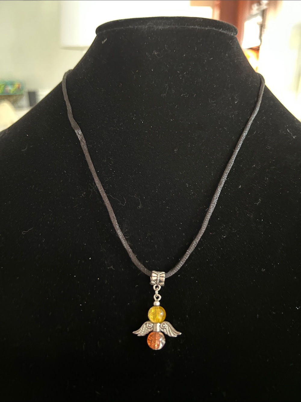 Silver Angel Pendant Necklace with Yellow and Orange Beads